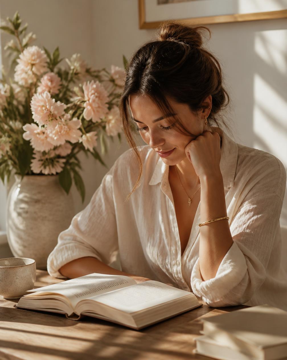 אישה קוראת בספר באור טבעי רך